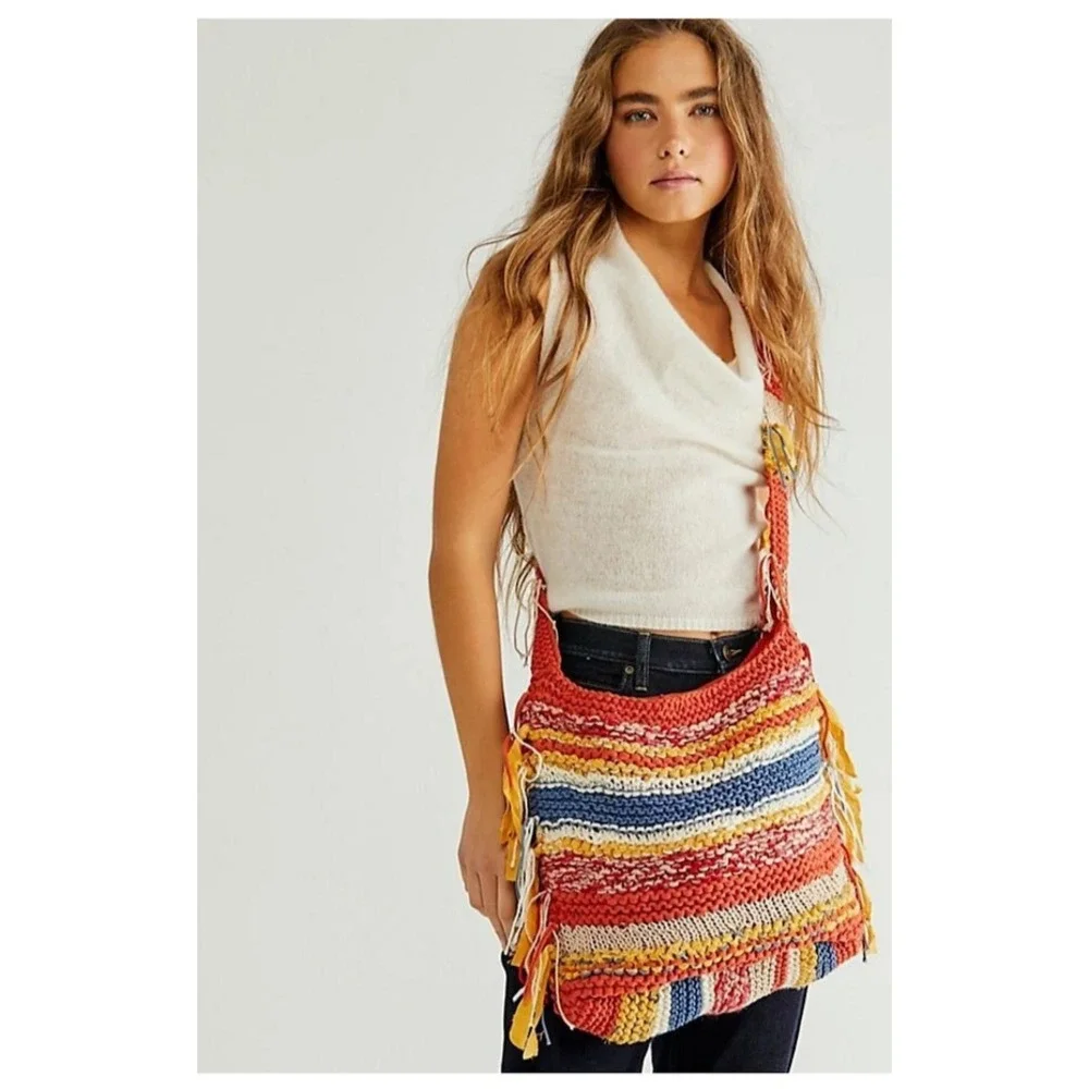 NEW FREE PEOPLE MULTICOLOR CROCHET NORTHBOUND HOBO CROSSBODY BAG BOHO FRINGE